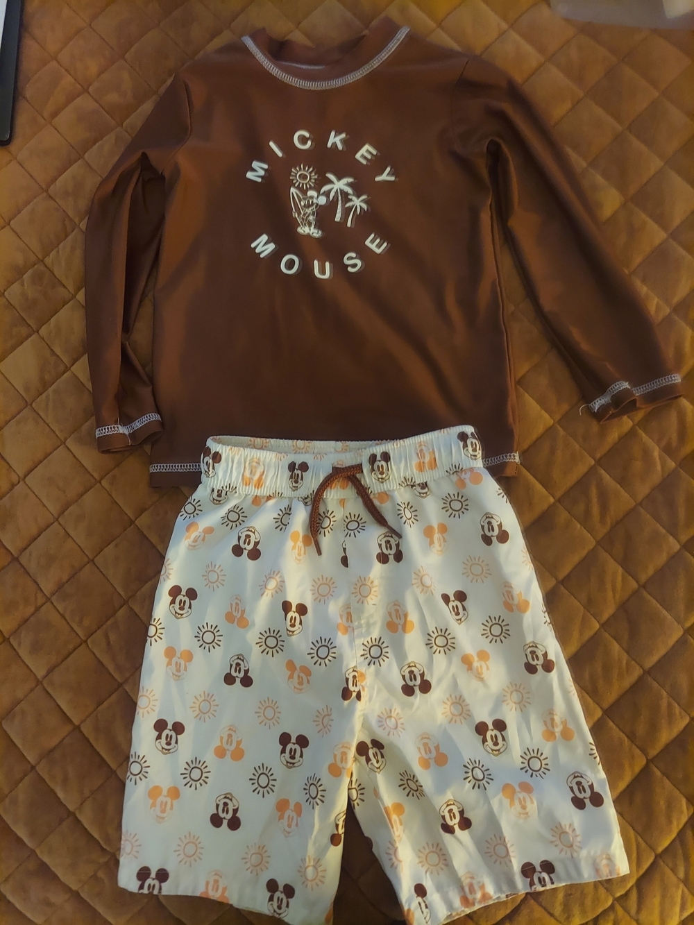 Disney Brown & Cream Mickey Mouse Two-Piece Swim Set 4T Top/5T Shorts